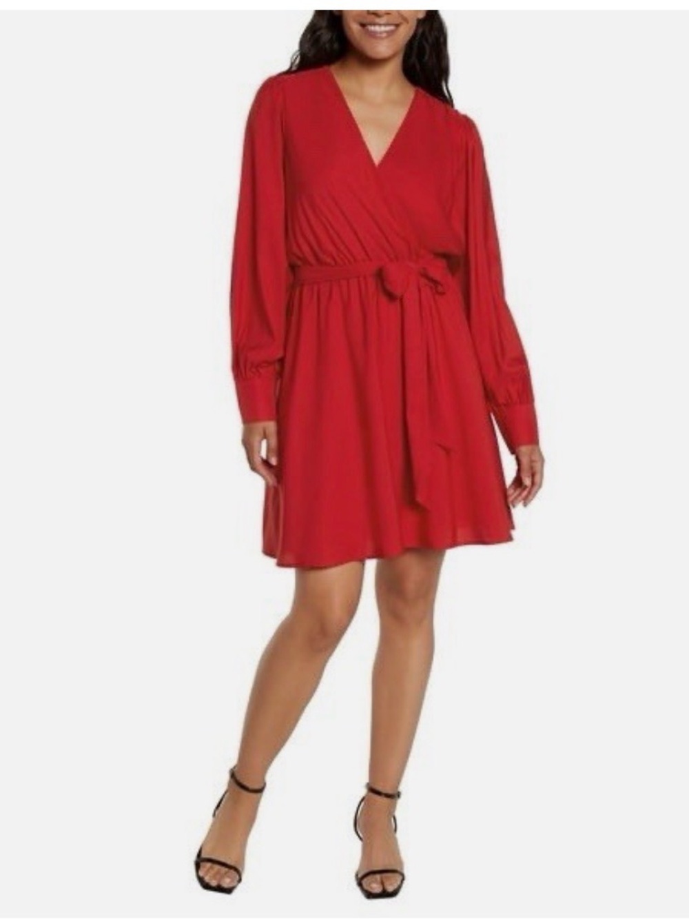 Express Red Long-Sleeve V-Neck Tie-Waist Dress